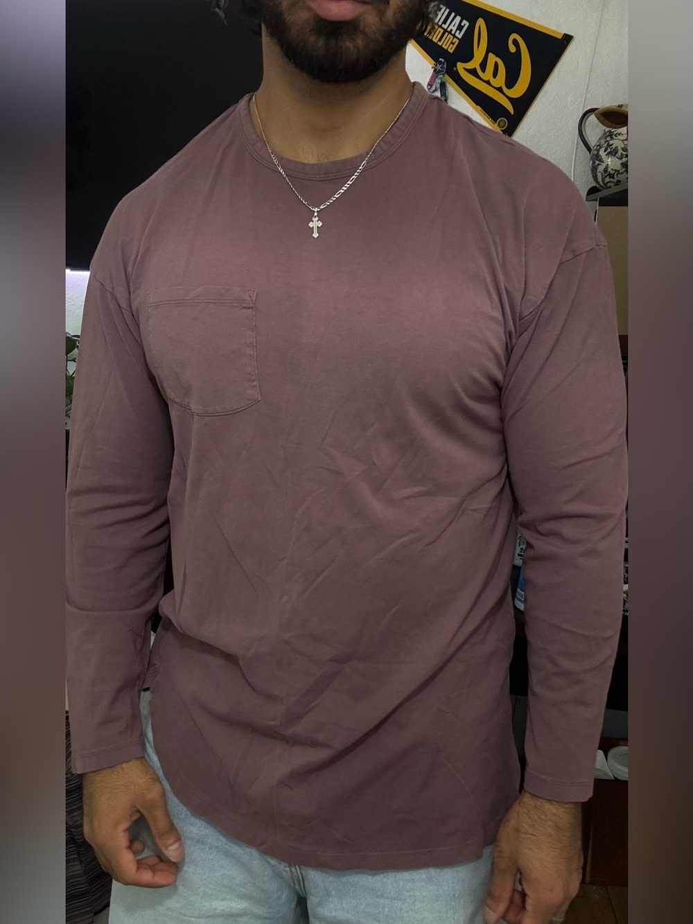 Forever 21 Men's Long Sleeve Pocket Tee - Mauve Brown